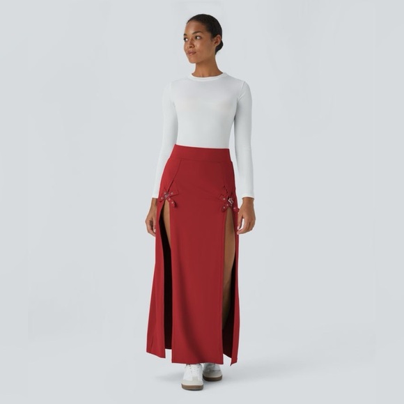 HALARA Burgundy Brown Red Orange Maxi Skirt Buckles built in biker shorts Casual - Picture 4 of 10